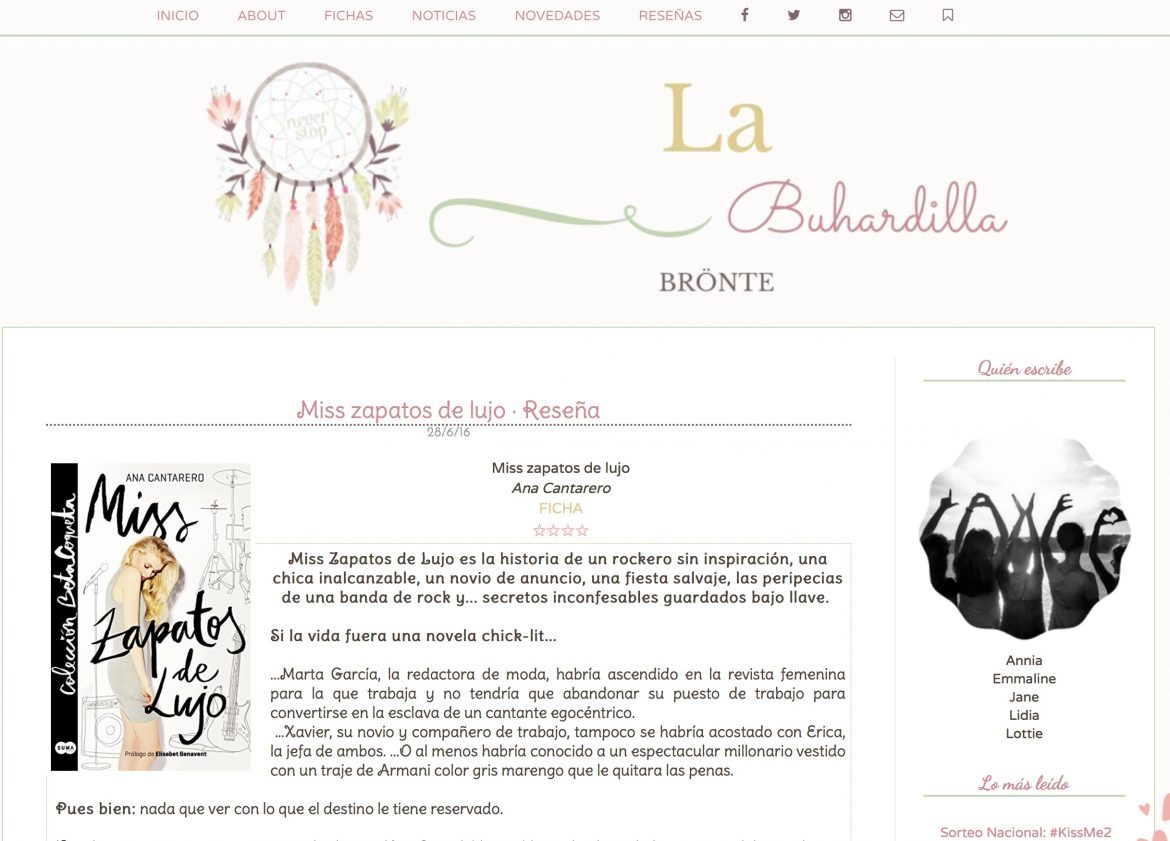 Reseña de Miss Zapatos de Lujo en el el blog La buhardilla bronte